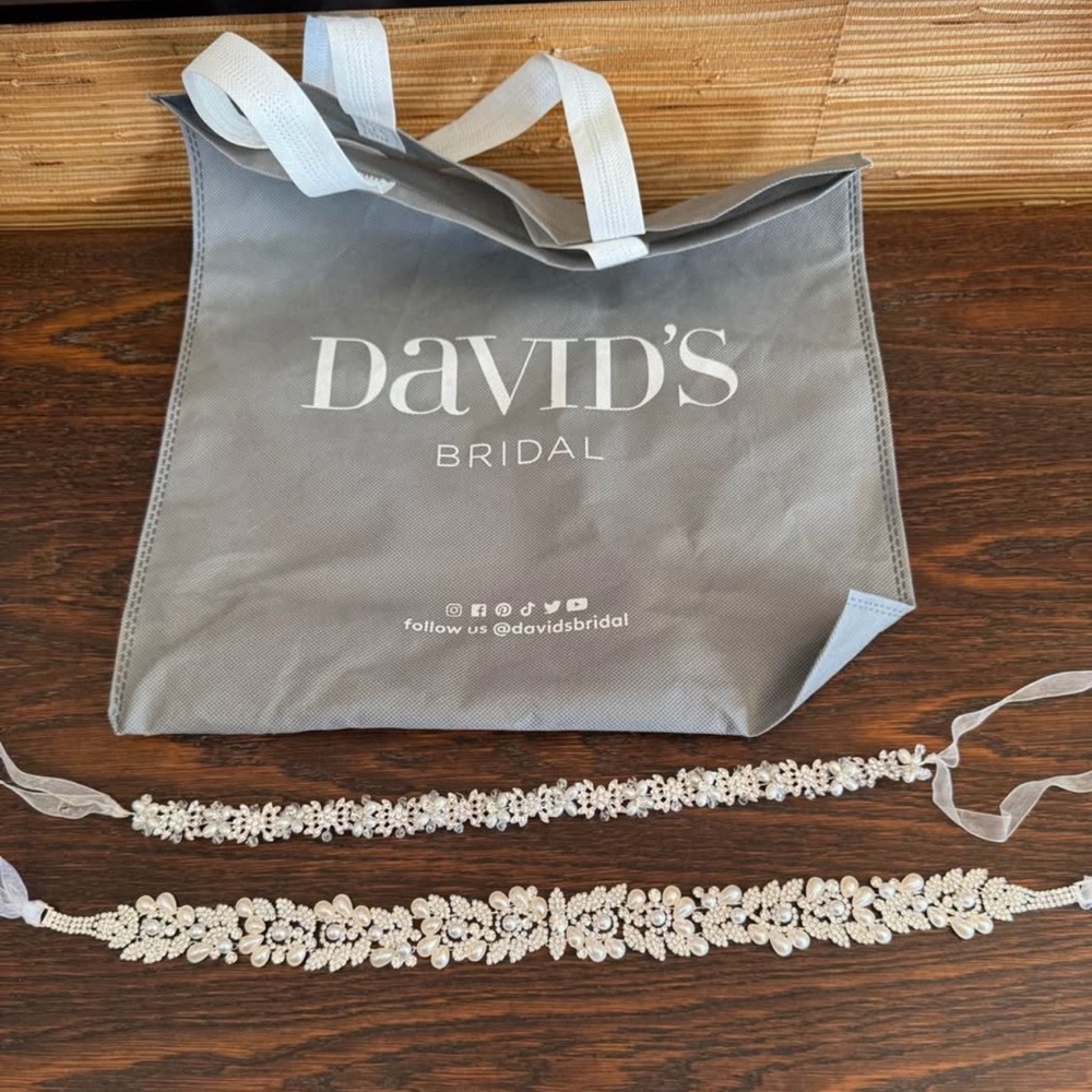 David’s Bridal matching belt sash and hair piece